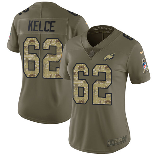 Nike Eagles #62 Jason Kelce Olive/Camo Women's Stitched NFL Limited Salute to Service Jersey